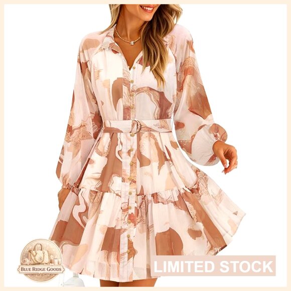 Floral Chiffon Mini Dress Long Sleeve Button Front A-Line Swing Party Wear